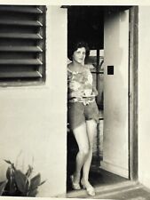 ZE Photograph Pretty Woman In Doorway Lovely Lady Standing Open Door 1950's picture