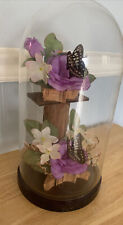 Vintage Taxidermy  Butterfly Butterflies Flowers Mounted Glass Dome 12” Tall picture