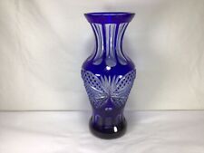 Z62 Vintage Large Stunning Elegant Bohemian Cobalt Blue Clear Cut Flower Vase picture