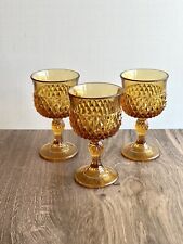 Vintage MCM Indiana Glass Diamond Point Amber Goblets Footed Glasses Set of 3 picture