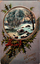 Vintage C. 1910 Glossy A Merry Xmas Postcard Snow Winter Stream Holly Berry Crow picture
