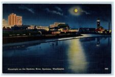 c1940 Moonlight Spokane River Moon Night Spokane Washington WA Vintage Postcard picture