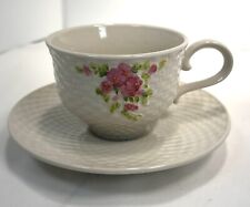 Vintage Teleflora Climing Rose Vine on White Woven Basket Teacup and Saucer 1985 picture