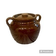 Vintage Brown Glaze Stoneware Crock Bean Pot Made USA Pottery With Handles & Lid picture