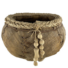Woven Banana / Coconut Husk Basket Planter BOHO w Rope Trim & Wood Beads 14.5