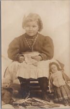 c1910s Studio Photo RPPC Postcard Little Girl with Glasses, Teddy Bear & Doll picture