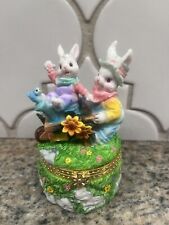 Easter Bunnies Spring Porcelain Trinket Box Figurine Decor Vtg picture