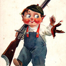 Vintage 1912 Boy Child Hunting Bird Girl Double Shotgun Bonnet Postcard Riffle picture