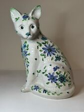 Vintage Large Ceramic Cat Sculpture Hand Painted Floral Crazed Finish Green Eyes picture