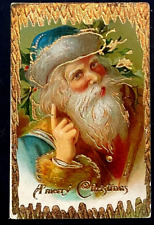 Full Face~Blue Robe Santa Claus~Antique Gel Embossed Christmas Postcard~k242 picture