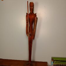 Vintage Tall Skinny Wooden Hand Carved Warrior w/Shield & Spear, 19