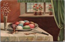 c1910s HAPPY EASTER Embossed Postcard Plate of Colored Eggs on Dinner Table picture