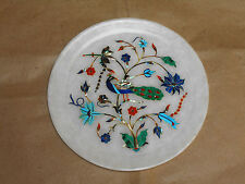 12'' Marquetry Malachite Lapis Floral Makrana Marble Plate Peacock Inlay Art picture