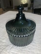 Vtg. Dark Emerald Green Glass Round Intricate Cut Designs Trinket Box picture