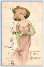 POSTCARD Artist Signed Raphael Kirchner Paris Art Fashion Love Flowers 1908 picture