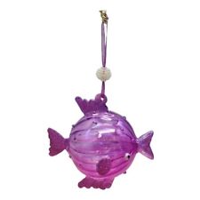 Vtg Blown Glass Puffer Fish Swan Top Jeweled Christmas Ornament Pink Swimming picture