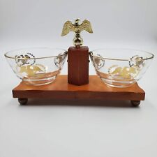 Condiment/Dip/Nut Dish Set Wood Stand w/ 2 Glass Bowls Eagles Gold Trim Vintage picture