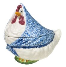 3 Pc Mother Hen Chicken Soup Tureen Ladle Gustin Pottery Blue Spongeware  picture