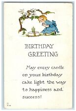 c1910's Birthday Greeting Girl Blowing Cake Flowers Embossed Antique Postcard picture
