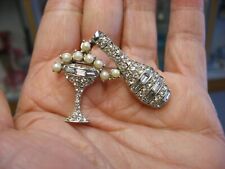 Vintage PELL Rhinestone Pin Brooch Champaign Bottle & Glass #B245 picture