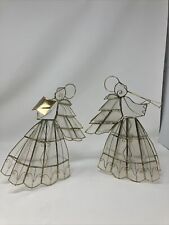 Vintage Capiz Shell Gold Wire Musician Singing Angel Ornament Figure Set of 2 picture
