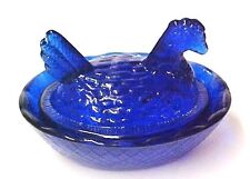 Blue Depression Glass Mini Covered Hen Chicken Nest Trinket Dish Salt Dip Cellar picture