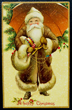 Long Brown Robe Santa Claus with Umbrella~Sack~German~Christmas Postcard~k252 picture