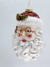 Large Plaid Capped Santa With Glasses Christmas Ornament Glass picture