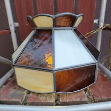 Vtg Caramel Brown Cream Slag Glass Swag Lamp Octagon 15.5x10.5 with 16' chain picture