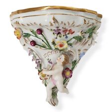 Vintage 3D Colorful Floral With Angelic Putti Gold Accented Porcelain Wall Shelf picture