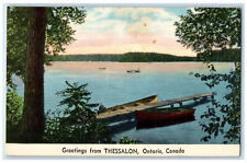 c1940's Boat Landing Scene Greetings from Thessalon Ontario Canada Postcard picture