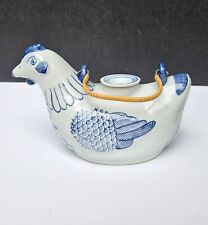 Vintage White w Blue Ceramic Chicken Rooster Teapot w Wicker Wrap Metal Handle picture