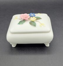 VTG White Porcelain 3D Pink Roses Rectangular Trinket Box picture