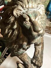 Retro Heavy Cast iron LION HEAD Statue Bronzed Sculpture Wood Base 11.25