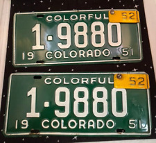 Vintage Pair Of 1951-52 Colorado License Plates Steel White On Green 12.5