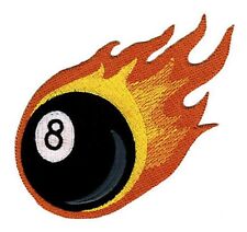 8-BALL PATCH embroidered iron-on POOL SHARK BILLIARDS FLAMING FLAMES FIRE BLACK picture