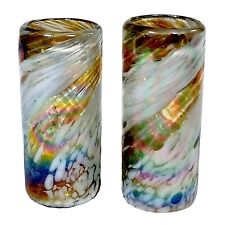 Iridescent Opalescent Rainbow Confetti Art Glass Tequila Shot Glasses Set of 2 picture