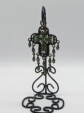  Gorgeous Hanging Cross w/Green Rhinestones. Wrought Iron Metal Stand. EUC picture