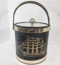Mid Century Modern Ship Navy Blue & Gold Ice Bucket Barware Bar Cart Man Gift picture