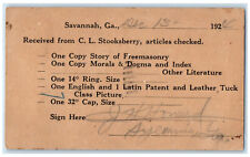 1924 Received from CL Stooksberry Savannah Georgia GA Genl Secty Postal Card picture