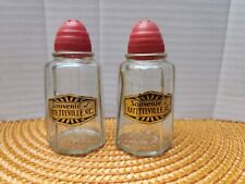 Vintage Glass  Salt & Pepper Shakers , Red Plastic Top , Stamped MCM picture