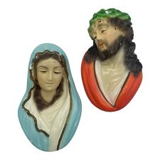 Pair of VTG Mary & Jesus Small Chalkware Wall Hanging Plaques Busts 5