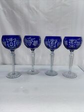Vtg Set Of 4 bohemian blue cut to clear crystal tall stem wine goblet picture