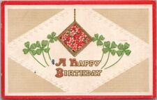 1914 HAPPY BIRTHDAY Embossed Greetings Postcard Green Clover / Pink Flowers picture