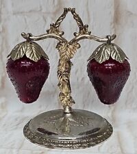 Vintage Ruby Red Glass Hanging Strawberry Salt & Pepper Shakers With Stand READ picture