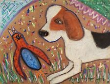 BEAGLE with Bird Original 9x12 Pastel Painting Dog Art Signed Vintage Style picture