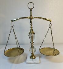 Vintage Brass Balance Scales Of Justice Crystal Glass w/ Marble Base MCM Decor picture
