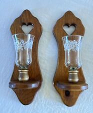 SET/2 WOOD PINE COUNTRY SCONCES WALL MOUNT WITH GLASS ETCHED CUPS  picture