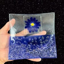 Vintage Fused Art Glass Dish Plate Square Glass Cobalt Blue Flower Textured 6