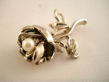 Rose Pin Brooch Faux Pearl Silvertone picture
